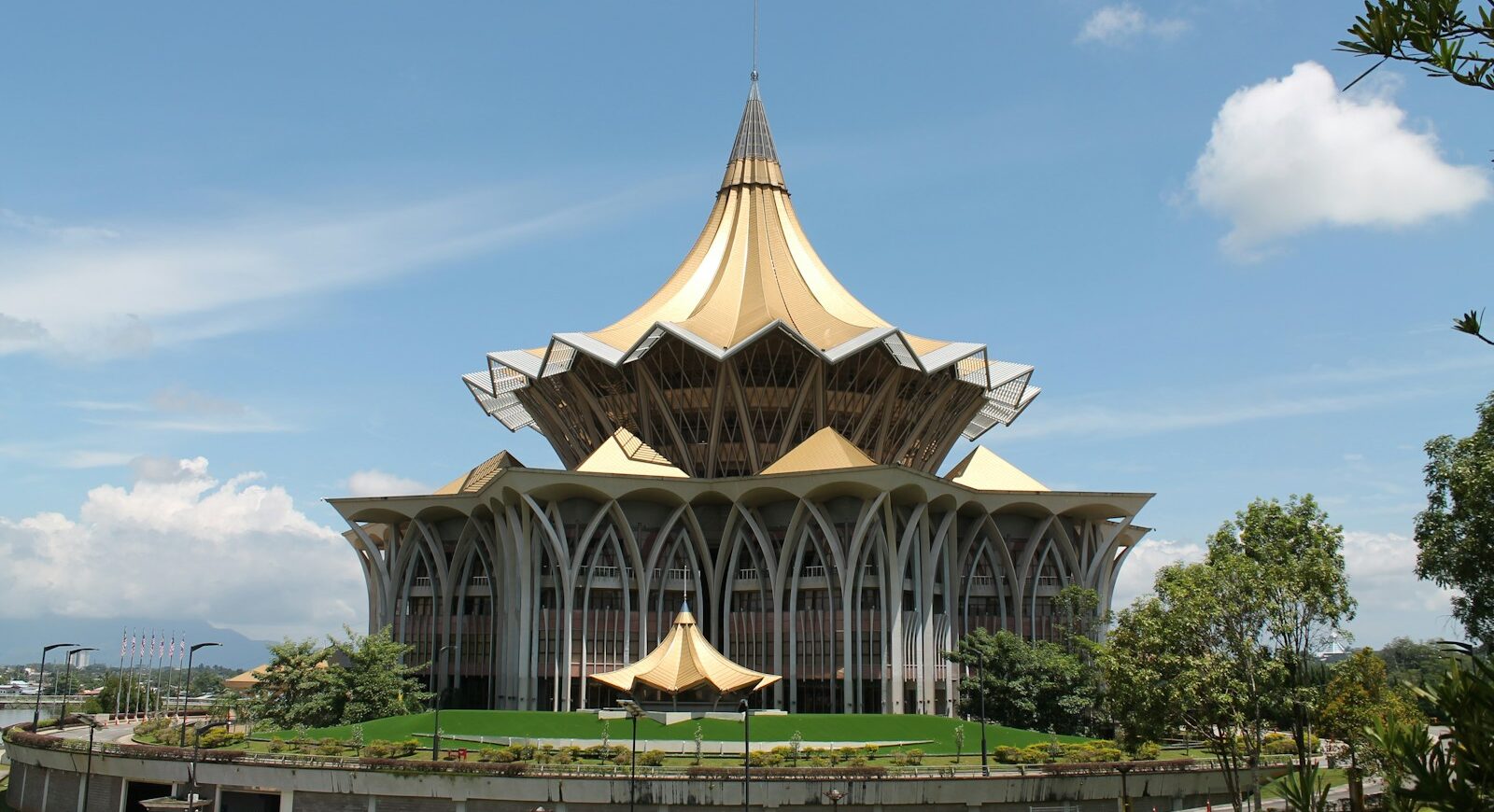 A beautiful building with a unique golden dome.